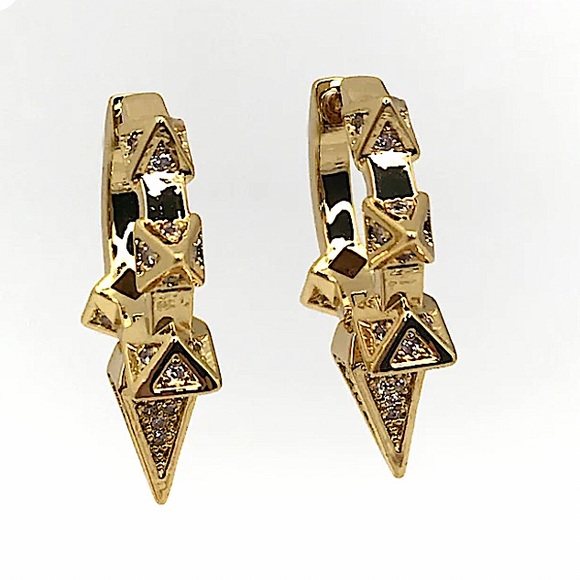 Gold Zircon Spiked Minimalist Earrings, Hoop, Huggie - Picture 8 of 9